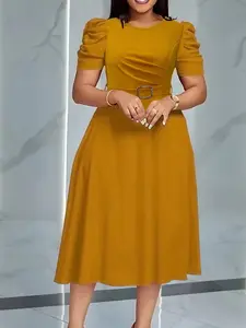 Women's Elegant Chic V-Neck Ruched Midi Dress, Solid Color Short Sleeve, Waist Cinching Belt, Perfect Spring Summer, Adult Fashion