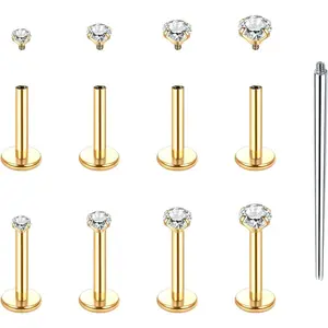 Flat  Stud Earrings 14K  Plated Internally Threaded CZ Stud   for Tragus Helix Cartilage Conch Nose  Lip Labret Medusa  16G 18G