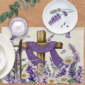 Easter Religious Cross Placemats Lavender Daisy Floral Faith Table Decorations with Butterfly Petals Hand Washable Spring Summer Table Setting for Home Church Gatherings Coasters Tableware