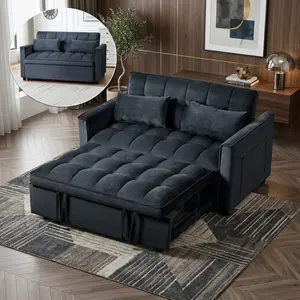 Velvet 2-Seat Convertible Sofa Bed, 3 In 1 Futon Couch with Pull Out Bed, Adjustable Backrest & Side Pocket for Living Room Home Decor