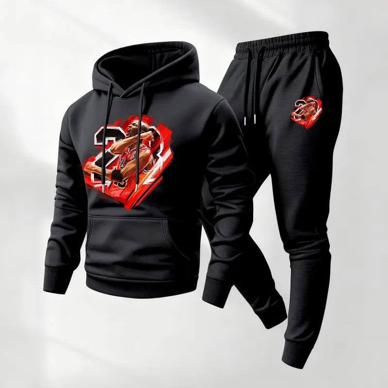 Men's Athletic Tracksuit with No. 23 Basketball Print, 2-Piece Polyester Hoodie & Sweatpants Set, Casual Loose-Fitting Athleisure Wear, Athletic Activewear Tracksuits, Clothes, Long Sleeve, Gym