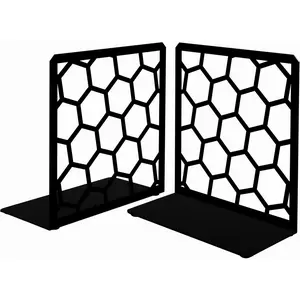 Geometric Honeycomb Black Metal Bookends Decorative - Tall Sturdy Book Ends for Shelves - Modern Heavy Duty Bookend Stopper - Office or  Book Shelf Book Holder - 6x3.25x6.25 Inches - 1 Pair
