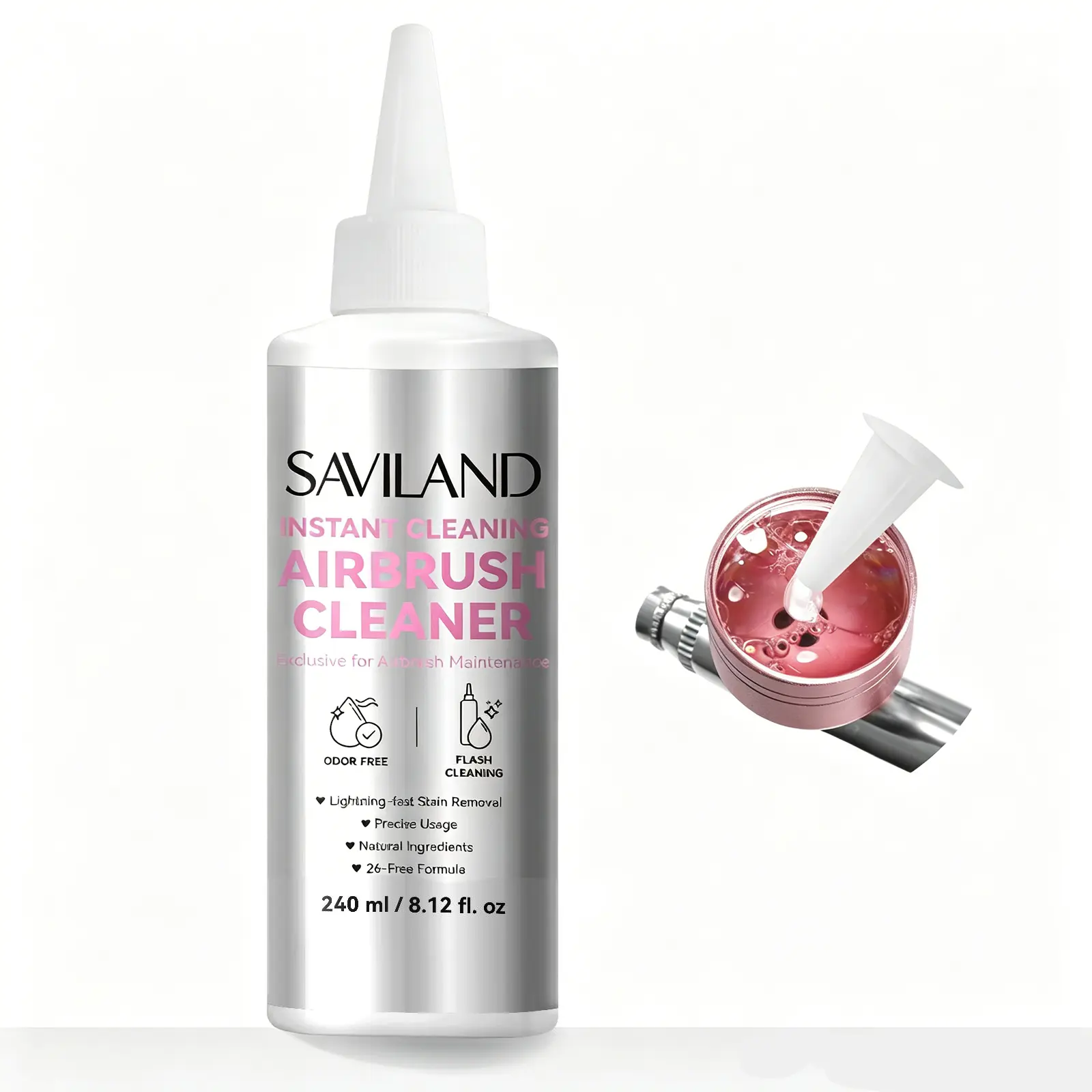 SAVILAND Airbrush Cleaner 8.12 oz, Low-Odor Natural Cleaning Solution, Quickly Removes Water-Based Acrylics, Watercolors & Gel Nail Polish