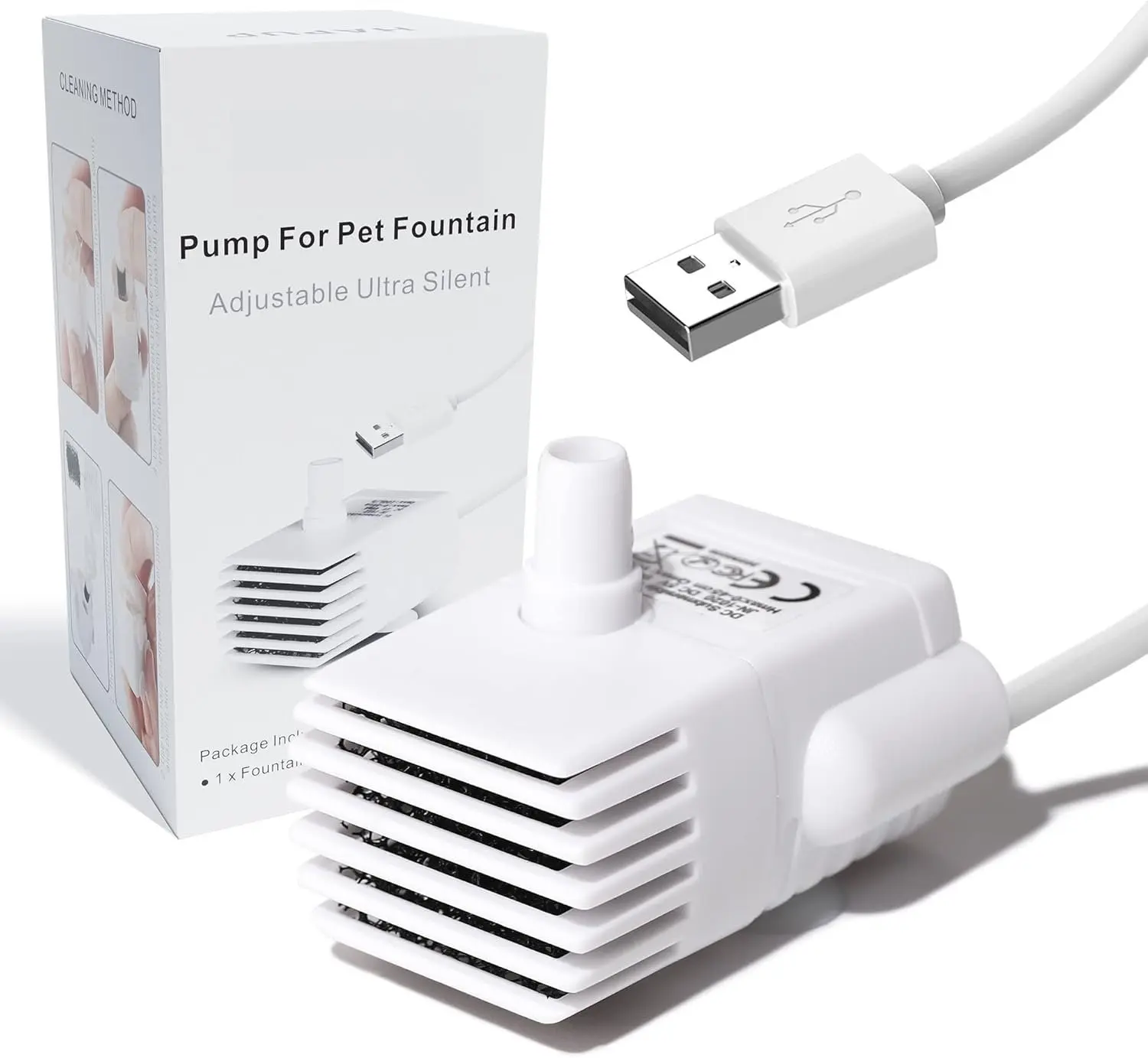 Water Fountain Pump Silent DC5V  Pet Drinking Fountain Replacement Pump (170L/H) with 6.5ft USB Power Cord for 61OZ/1.8L   Water Fountain Fish Tank Hydroponics (No Adapter)