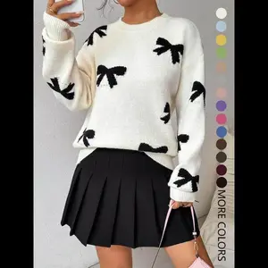 Fashion Bow Print Casual Loose Knitted Sweater Pullover Autumn/Winter Women Pullovers New Full Sleeve Knitwear
