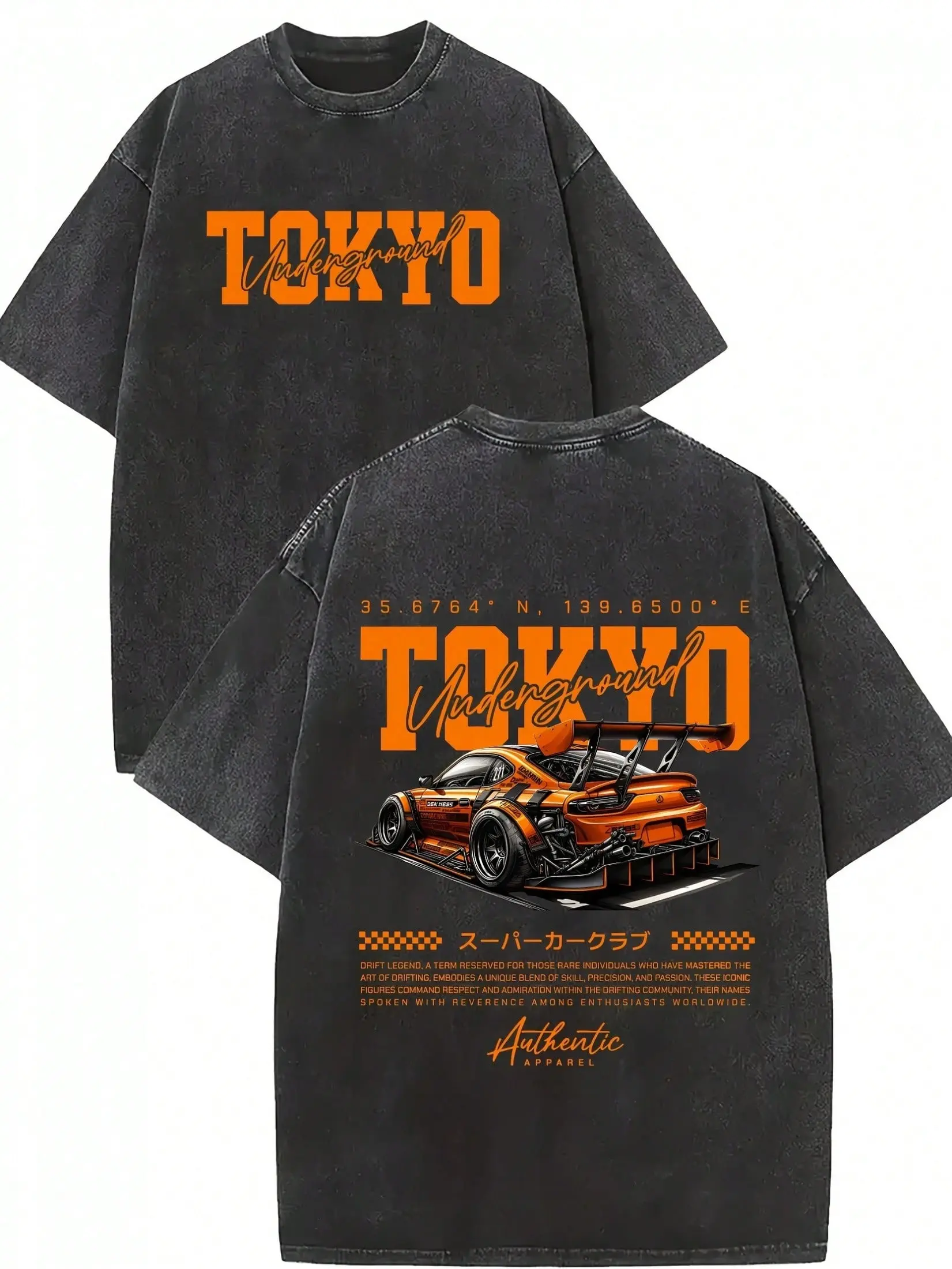 Vintage Tokyo JDM Orange Widebody Sports Car Japanese Street Racing T-Shirt, Washed Black Cotton Oversized Short Sleeve Tee, Front Back Print Drift Car Casual Crewneck Shirt
