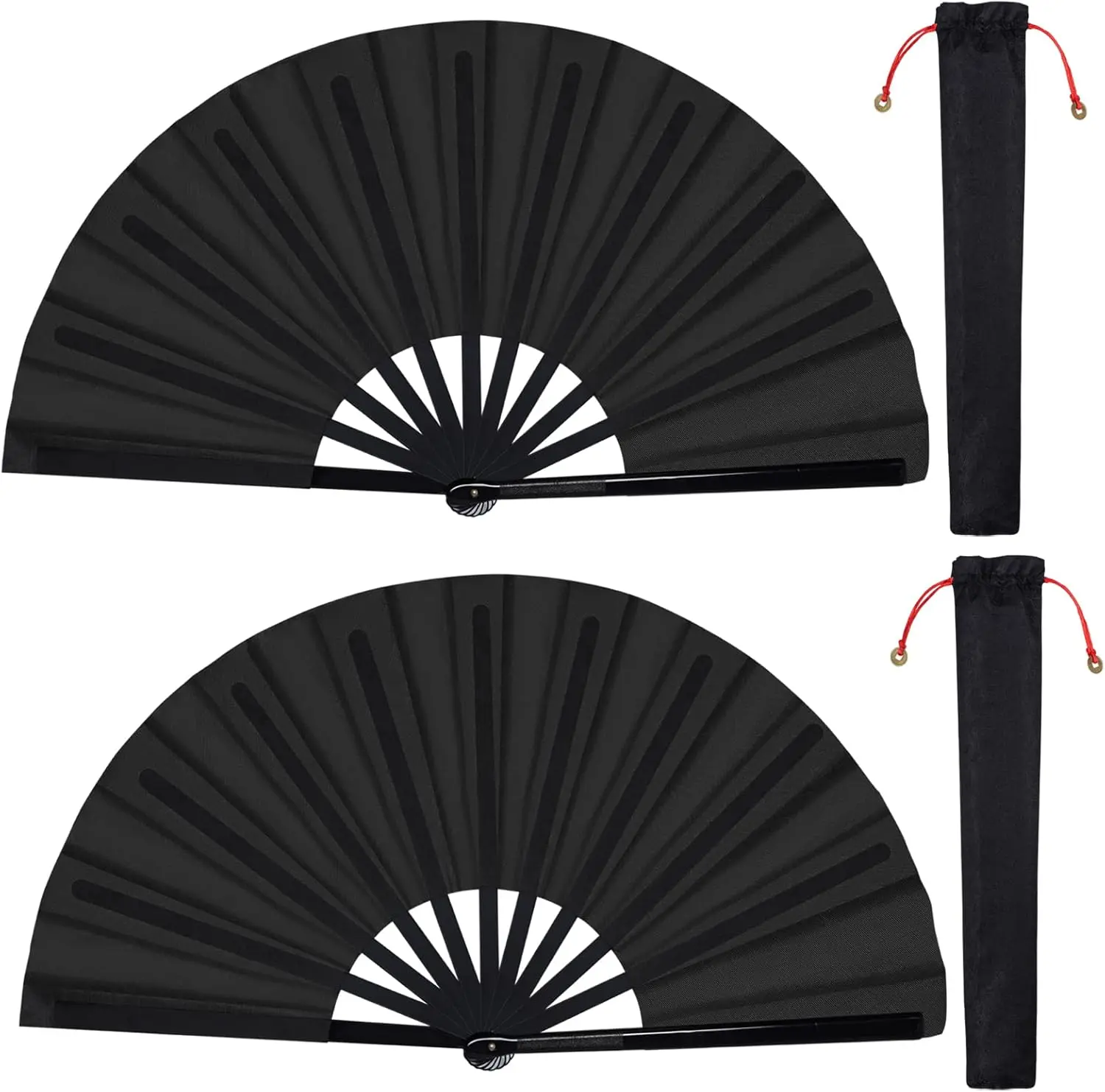 2 Packs Large Folding Hand Fan Handheld Folding Fans Chinese Tai  Nylon Cloth Chinese Kung Fu Fan with Holder Sleeve for Men and Women Performance Dance Decorations Festival (Black)