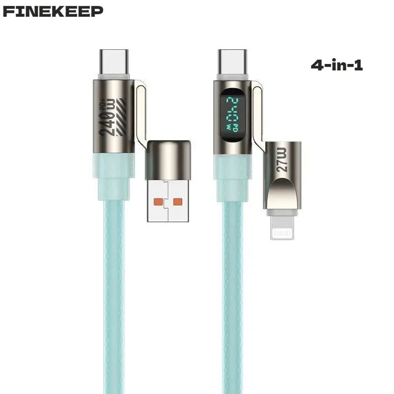 4-in-1 USB-C Cable with 240W PD 5A Fast Charging, Smart Digital Display, 480Mbps DataSync, Liquid Silicone, Lightning Connection, Electronic Accessory for iPhone 16/15, Android Phones, Tablets, Samsung Laptops Smartphone Cellphone