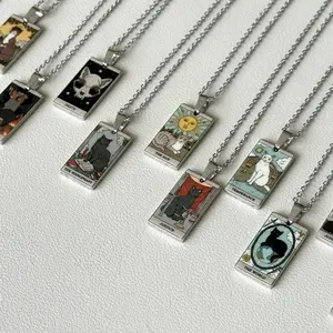 Mystical Cat Tarot Cards Charm Necklace - Stainless Steel Spiritual Gift Women The Lovers The Empress The Star Wheel of Fortune Charm Pendant Tarot-Inspired Witchy Celestial Style