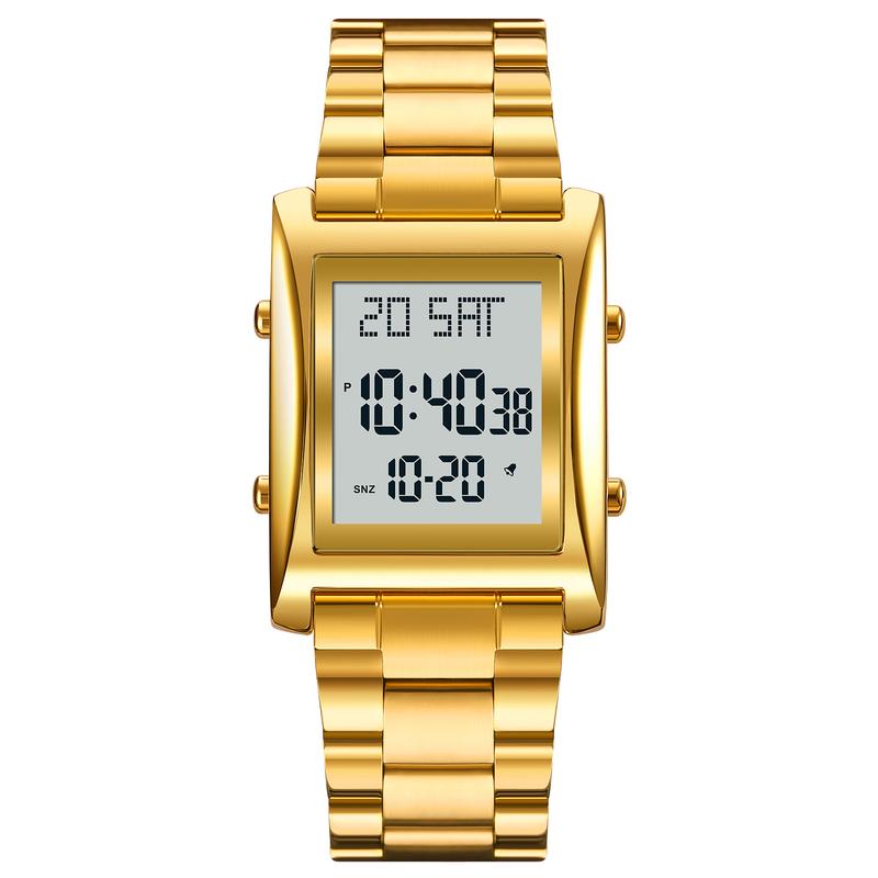 SKMEI Square Digital Watch Gold Stainless Steel Strap Classic Elegant Modern Trendy Multi-functional 3ATM Waterproof LED Backlight Dual Time Zone Stopwatch Countdown Timer Alarm Clock Date Display