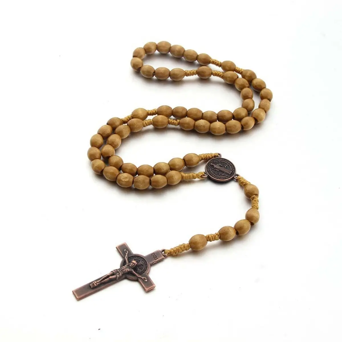 Handmade Wooden Catholic Rosary Beaded Necklace with Holy Soil Beads, Metal Cross, Catholic Jewelry Gift for Religious Devotees, Handmade Beaded Necklace