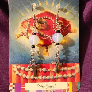 The Jewel: Ankh Egyptian Cross Opal Dangle Earrings with Crystal Beaded Accents and Colorful Design