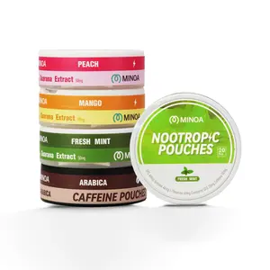 MINOA Caffeine Pouches, 50mg Natural Caffeine, Vitamins and Minerals Clean Energy Brain Fuel for Cognitive Performance and Delicious Flavor, Replacement/Alternative for Focus and Energy, 20 Pouches Per Can, 4 Refreshing Flavors tiktokshopspringglowup
