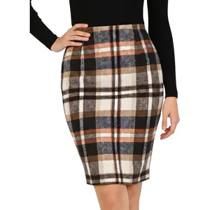 Plaid Skirts for Women Fall Winter Knee Length Christmas Holiday Pencil Wool Midi Skirt with Back Slit 2026 Trendy