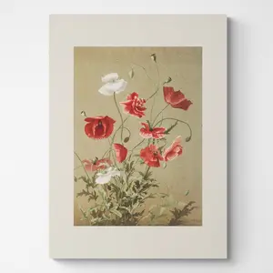 Vintage Poppy Botanical Art Print, August Birth Flower Wall Art, Red and White Floral Decor, Cottagecore French Country Farmhouse, Unframe