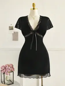 Comfortcana Plus Size V-Neck Lace Patchwork Black Dress – Elegant Casual Wrap Dress for Spring, Fall, Homecoming, Dates & Weddings