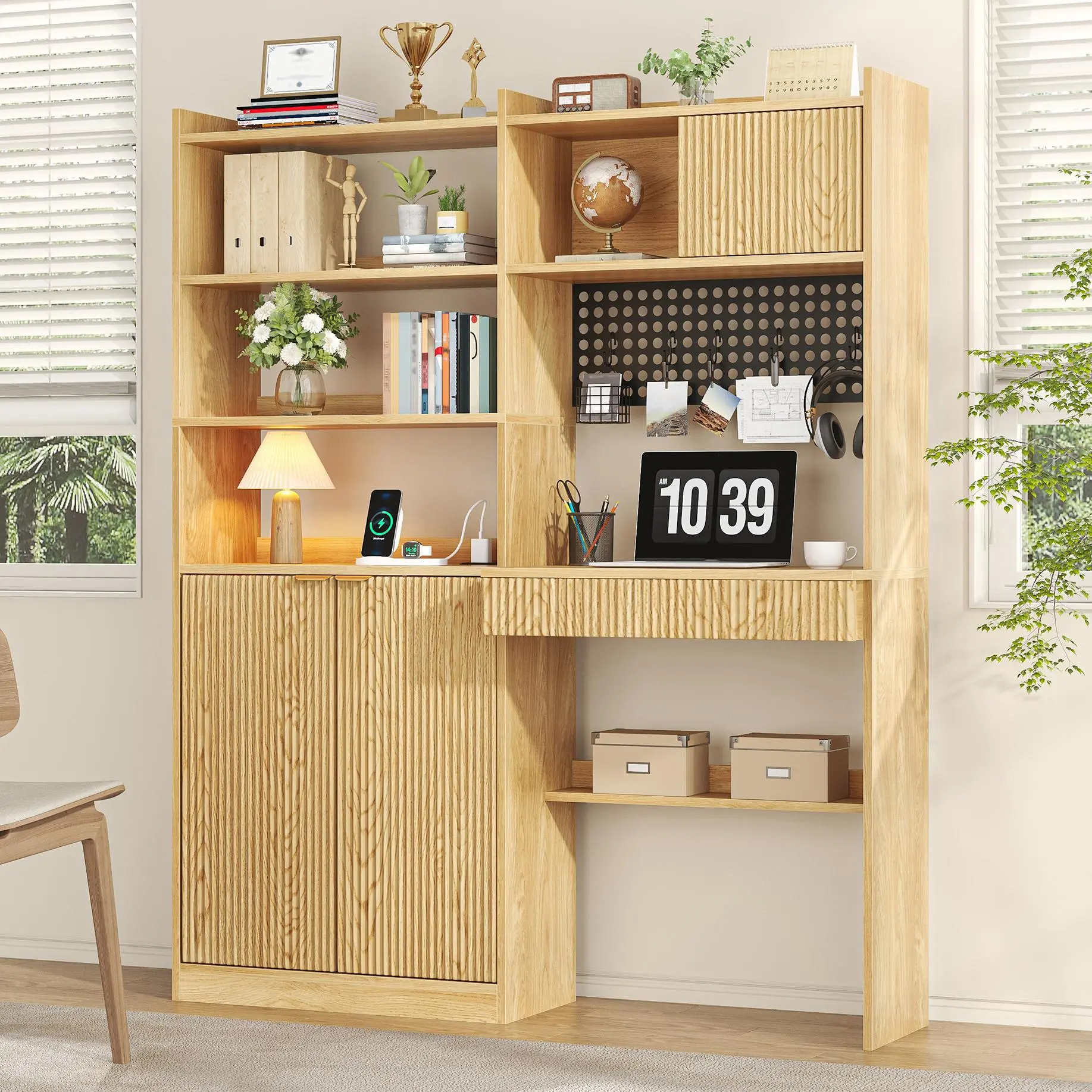 63" Tall Computer Desk with Hutch Fluted Wood Design Featuring Charging Station Drawer & Storage Cabinet for Home Office Work Study