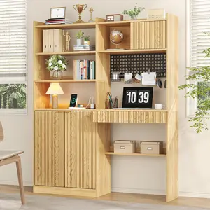 63" Tall Computer Desk with Hutch Fluted Wood Design Featuring Charging Station Drawer & Storage Cabinet for Home Office Work Study