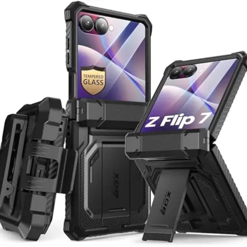 i-Blason Armorbox Polycarbonate-TPU Protective Casing for Samsung Galaxy Z Flip 7 Cellphone - 360-Degree Full-Body Military Protection, Detachable Stand, 9H Glass Guard, Hinge Protection, Belt-Clip, Magnetic Wireless Shockproof Premium Accessory