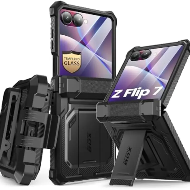 i-Blason Armorbox Polycarbonate-TPU Protective Casing for Samsung Galaxy Z Flip 7 Cellphone - 360-Degree Full-Body Military Protection, Detachable Stand, 9H Glass Guard, Hinge Protection, Belt-Clip, Magnetic Wireless Shockproof Premium Accessory