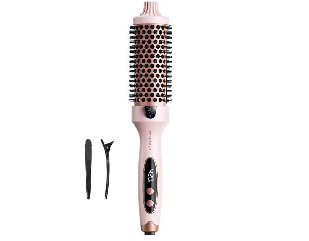 Wavytalk Thermal Brush Blowout Boost 1.5″ Heat Round Brush for Blowout Look | Negative Ion Technology, Tourmaline Ceramic, 5 Temperature Settings Dual Voltage, Less Damage, Sakura Pink