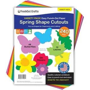 240 pieces of spring leaves, butterflies, flowers punch-out paper cutouts in assorted spring colors, double-sided card stock made in the USA for spring crafts, bulletin boards, posters, and spring dance parties