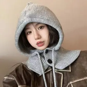 Knitted Hooded Caps Winter Balaclava Hats Women Korean Style Outdoor Warmer Drawstring Hats One-piece Neck Collar Beanies Cap Super Soft Wool Blend