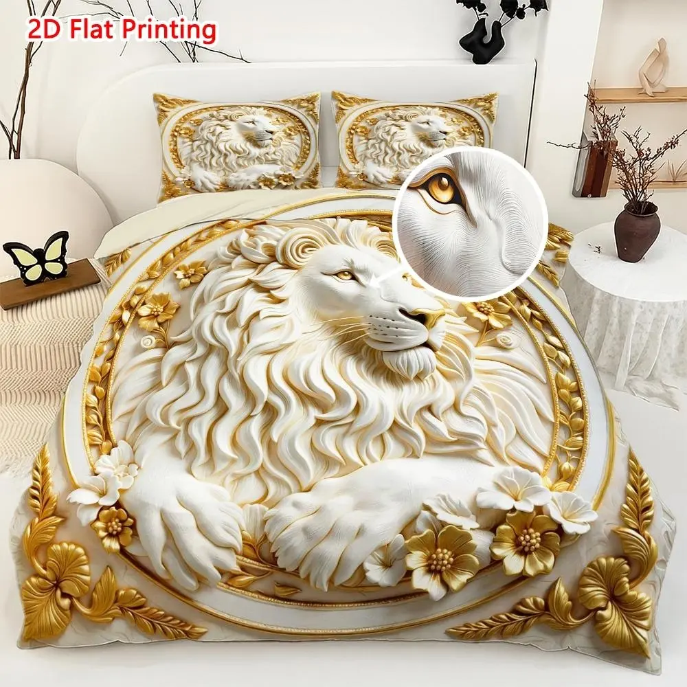 Embossed Forest Lion Statue Print Bedding Set, Includes 1 Fitted Sheet and 2 Pillowcases, Comfortable Bedding Ensemble, Decorative Bedsheet Sets, Unique Print, Printed Bedding Set