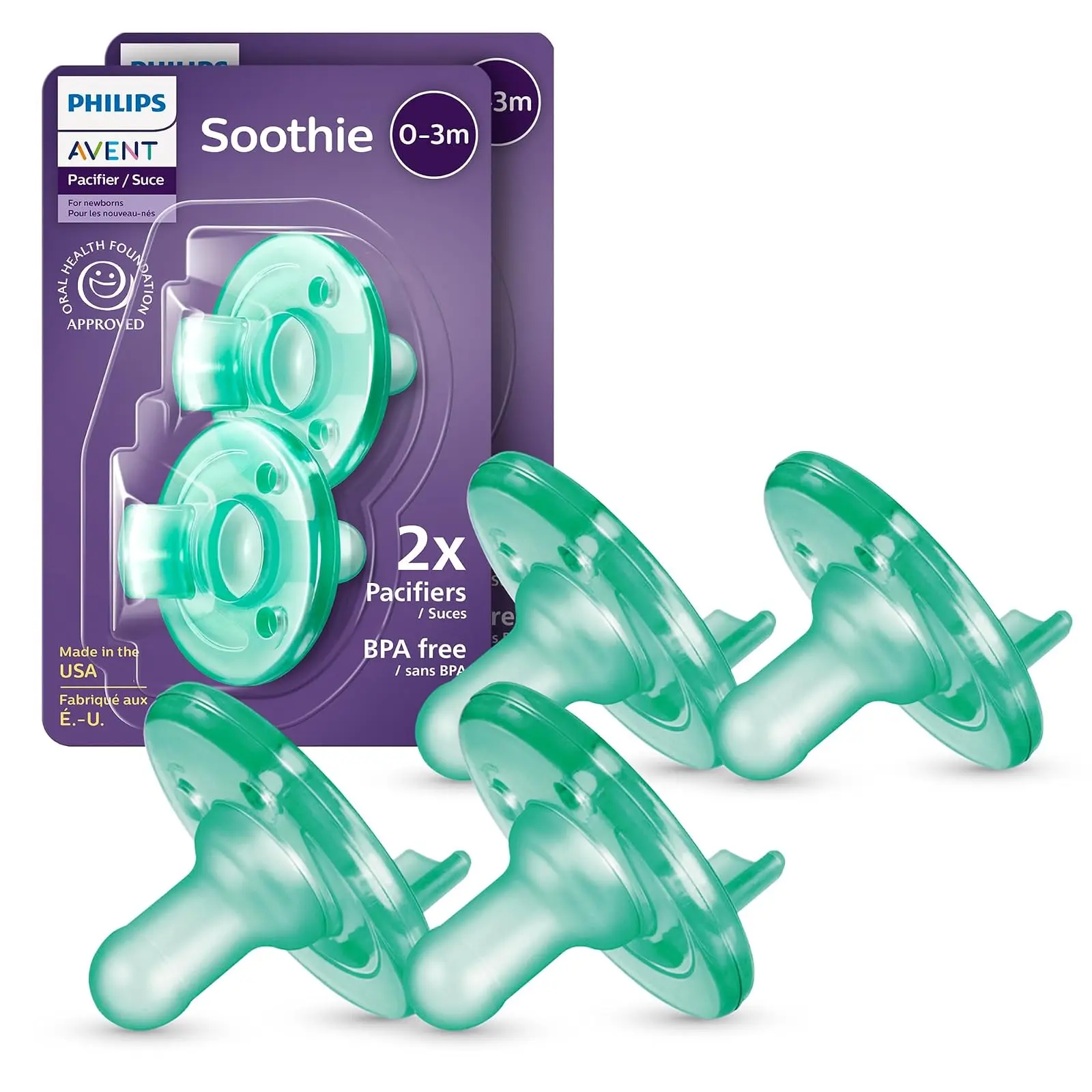 Soothie Baby Pacifier for 0-3 Months, BPA-Free, 4-Pack, Green | Supports Natural Suckling, Medical Grade Silicone for Easy Hospital-Grade Sterilization, One-Piece Design, SCF190/41