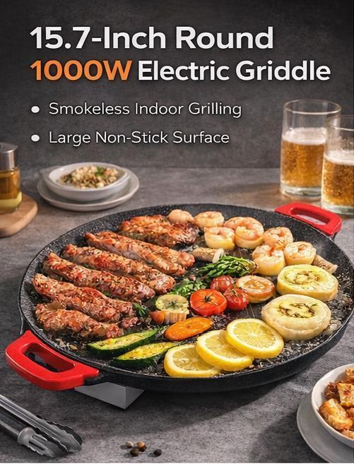 1000W Indoor BBQ Electric Grill Pan – Korean BBQ Grill Plate, Smokeless Non-Stick Surface, Adjustable Thermostat, Big 15.7″ for Home & Party Cooking