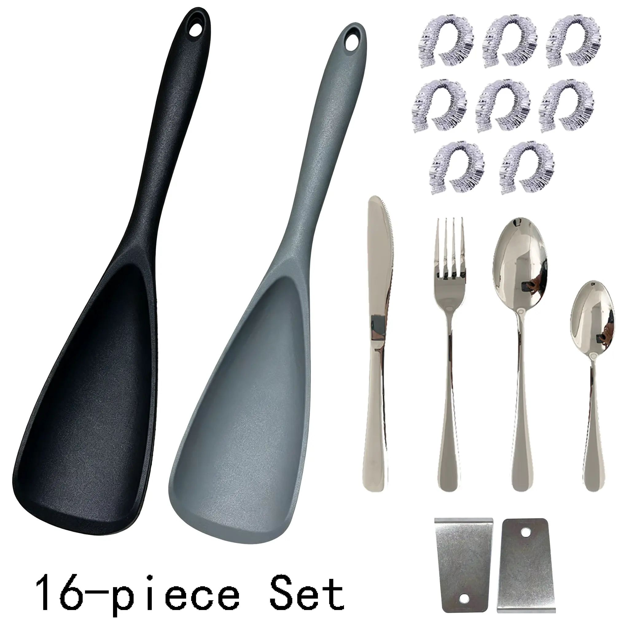 （16-piece set）Includes 2 silicone spatulas, a set of utensils (2 spoons, 1 knife, 1 fork), 8 food covers, and 2 peelers; the silicone spatulas are ideal for stir-frying in non-stick pans, while the multi-functional spatula-spoon is suitable for stirring.