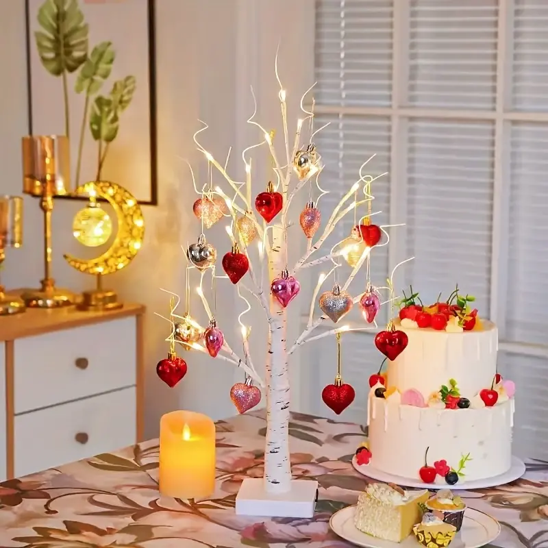 1-Pack Illuminated Birch Tree Ornament with 18 Love Hearts, Freestanding Battery-Operated Artificial Decoration for Indoor/Outdoor Use, Festive All Ages Decor for Christmas, Valentine's Day (batteries required)