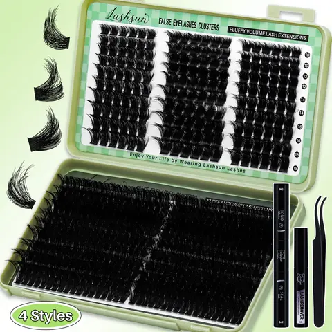 Fluffy Lash Clusters Eyelash Extensions Kit - 540pcs D Curl, 4 Mixed Styles, 2 Length Ranges (10-18mm/14-22mm), 3D Effect Bundle, Hypoallergenic Soft Long-Lasting, W/ Lash Bond-Seal, Remover, Tweezers for Makeup, Daily Use