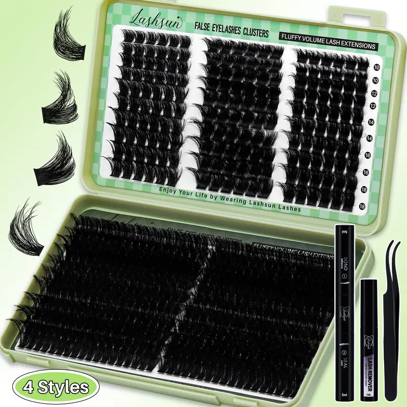Fluffy Lash Clusters Eyelash Extensions Kit - 540pcs D Curl, 4 Mixed Styles, 2 Length Ranges (10-18mm/14-22mm), 3D Effect Bundle, Hypoallergenic Soft Long-Lasting, W/ Lash Bond-Seal, Remover, Tweezers for Makeup, Daily Use