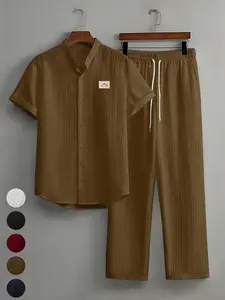 Two-Piece Set Men's Striped Print Button Shirt & Pants Loungewear Pajamas, Regular Fit Casual Comfy Short Sleeve Collared Top & Trousers PJ Set, Men's Sleepwear for Summer, Matching Sets, Cozy Loungewear