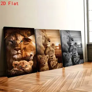 2D Flat, 2D Flat, Set of 3 Modern Minimalist Wall Art Posters Featuring an African Lion Family, Available Framed Or Unframed. These HD Printed Canvas Artworks Depict a Sunset Landscape with a Lioness And Her Cubs