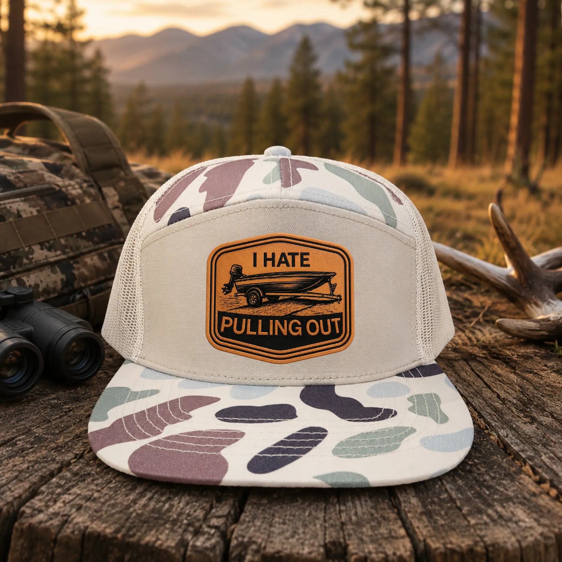 Funny Boat Trailer Patch Trucker Cap, Vintage Camo Print Mesh Hat with Adjustable Snapback, Outdoor Fishing Boating Camping Accessory, Casual Gift for Men and Women