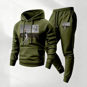 Men's basketball print hooded sweatshirt and drawstring sweatpants set, men's casual sportswear, long-sleeved hooded jacket and trousers, suitable for autumn and winter, men's everyday casual wear, sports suit, casual athletic wear
