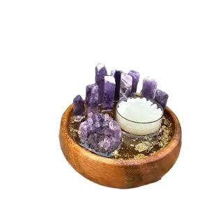 Amethyst Intention Bowl with Dream Amethyst Towers Cluster Lotus Tealight Hamsa Charm & Gold Leaf Handmade Spiritual Protection Decor
