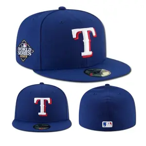 New Era 59FIFTY Texas Rangers Fitted Hat – Royal Blue Flat Bill Baseball Cap Featuring Embroidered White and Red “T” Logo, World Series Patch and Premium MLB Streetwear Design
