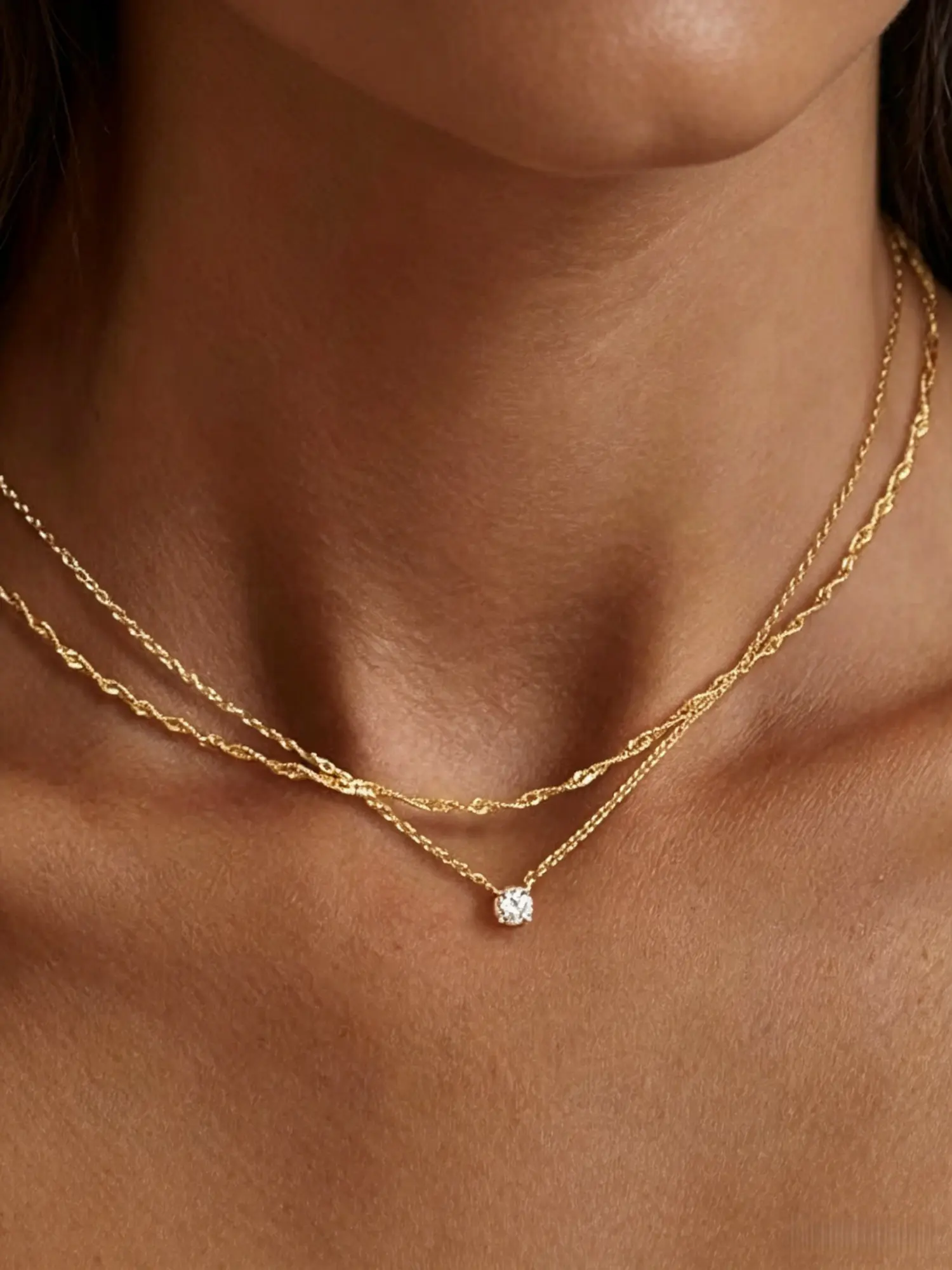 2 Piece Layered Twisted CZ Solitaire Necklace Set, Layering Necklace, Stacking Necklace, Layered Necklaces, Gold or Silver Plated Jewelry Adjustable Stackable Accessory for Women Daily Casual Minimalist Accessories Chain