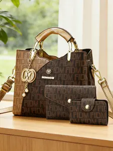 Elegant 3-Piece Women's Handbag Set, High-End Letter Print Fashion Bucket Bag, Multi-Color Multiple Pockets Large Capacity Shoulder Crossbody Bag