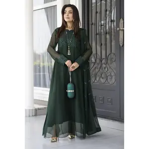Gul Warun Lustre Chiffon – 3pc Ready to Wear Emerald Green Long Frock Dress LSG6