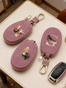 Unisex multifunctional key case, gold A-Z letters pattern, zipper key holder, floral pattern design, PU leather storage bag, zippered pouch, car key storage, car keychain