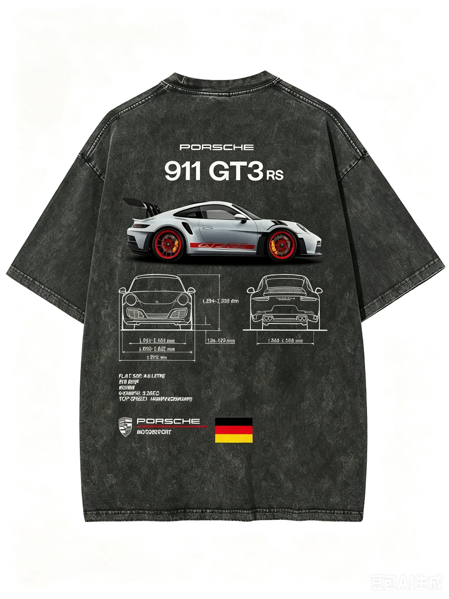 Vintage Washed Porsche 911 GT3 RS Graphic T-Shirt - Unisex Oversized Acid Wash Car Shirt. Premium Motorsport Apparel for Car Enthusiasts & Streetwear Lovers. Perfect Gift for Men, Women, Car Meets, Racing Fans. Retro 2D Flat Design Blueprint Tee Shirt.