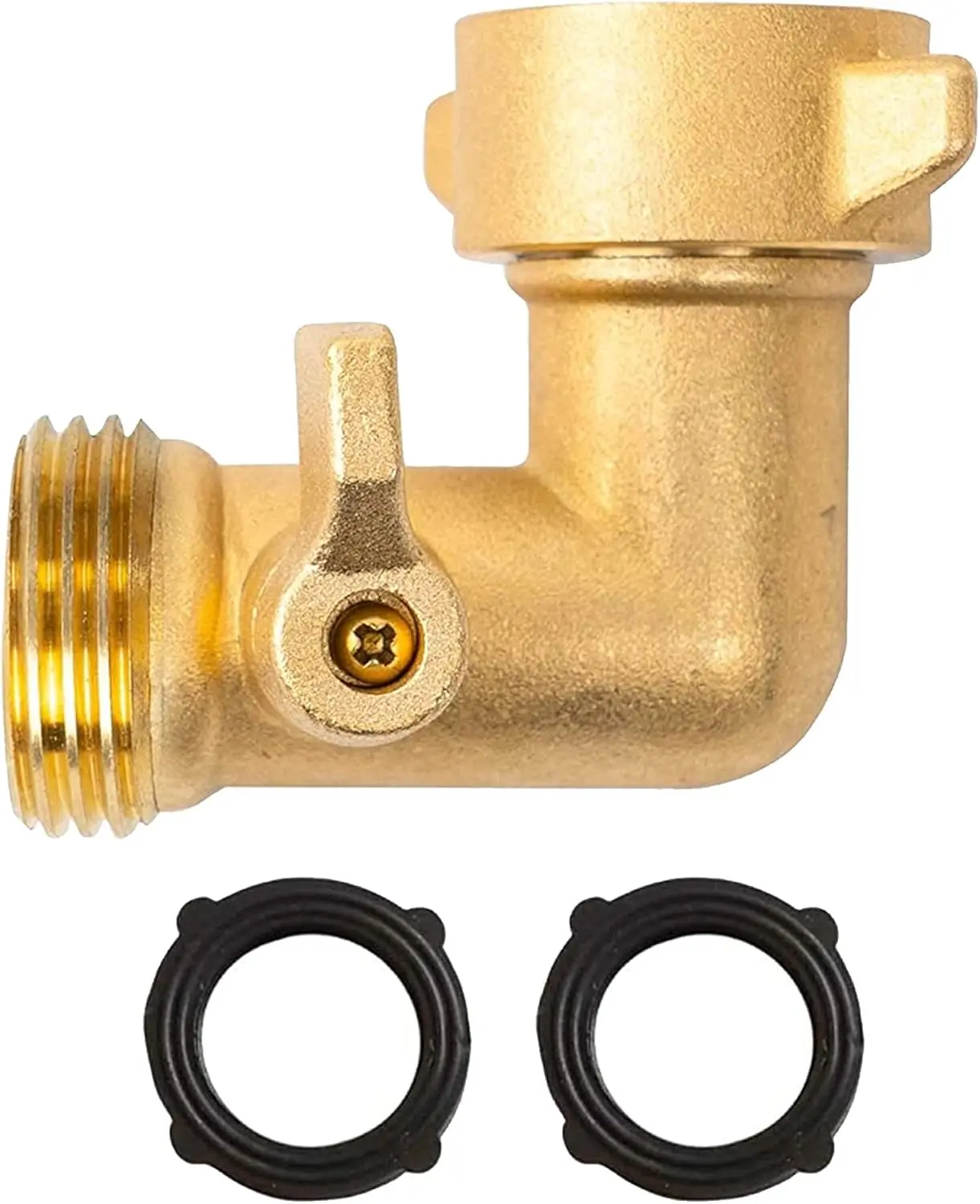 90 Degree Garden Hose Adapter with Shut Off Valves, 3/4" Solid Brass Garden Hose Elbow Connector with 2 Extra Pressure Washers (1)