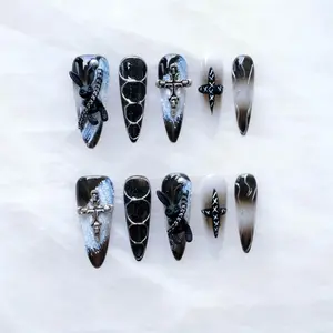 Gothic Press-On Nails, Long Stiletto Shape, Black with 3D Bunny and Cross Design, Handmade False Nail 10 Pieces (Small, LS)