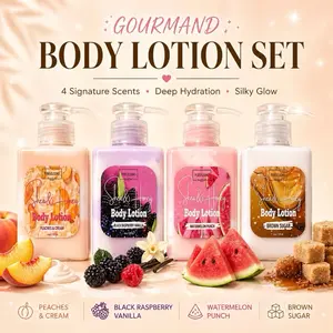 Gourmand Body Lotion Set 4 Pack Hydrating Shea Lotion Silky Glow Moisturizer Peaches Vanilla Watermelon Brown Sugar