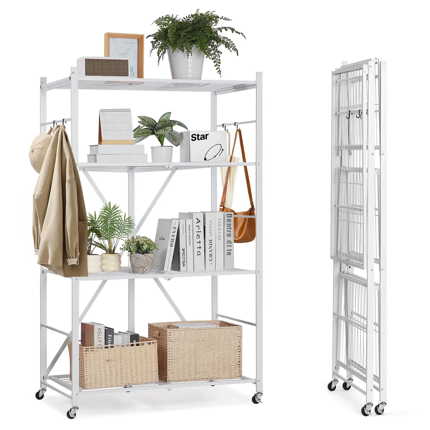 【Summerfinds】VEVOR Sturdy 4-Tier Carbon Steel Collapsible Rolling Rack Cart with Wheels, 21x36x60 in No-Assembly Stand, 5-Wheel Space-Saving Hanging Shelf with 4 Hooks, Stores for Pantry, Garage (White)