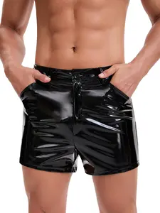 Men's Shiny PU Leather Shorts, Front Zipper Casual Pocket Briefs, Sexy Wet Look Tight Fit Underwear, Street Party Style